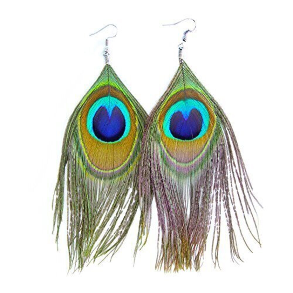 8771 Native Feather Dangle Earrings Long Peacock Feather Earrings Dangling